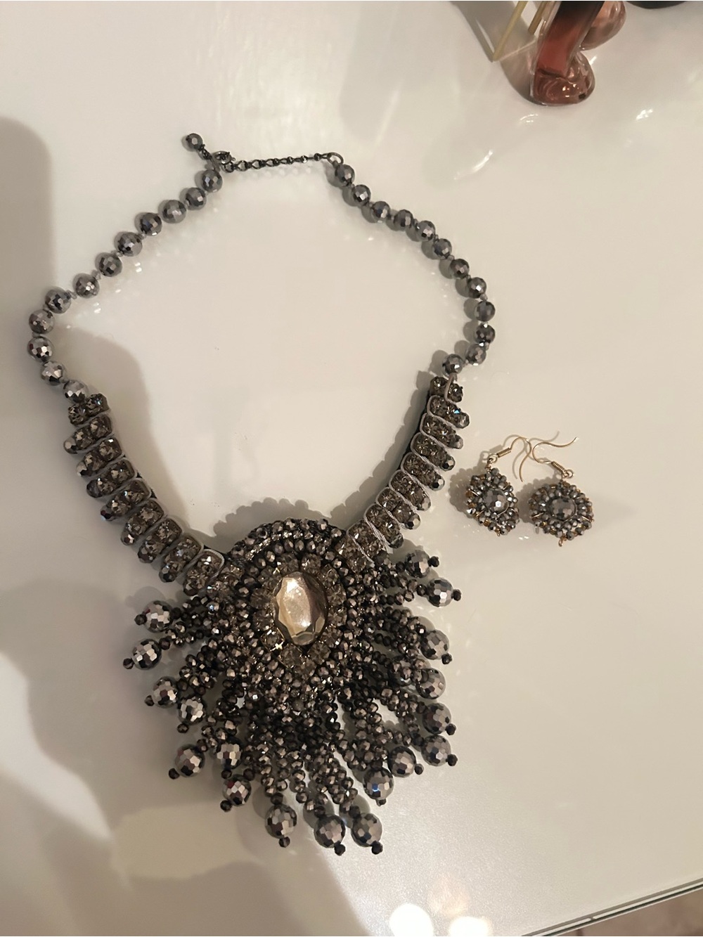 Statement Hematite Crystal Bib Necklace with Matching Earrings